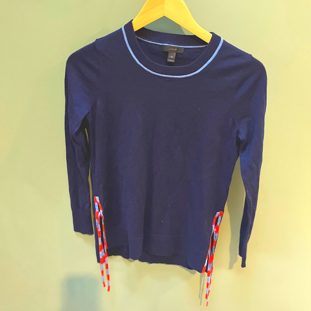 J. Crew Navy Merino‎ Wool Sweater XS Blue Stripe Trim Side Ties Long Sleeve